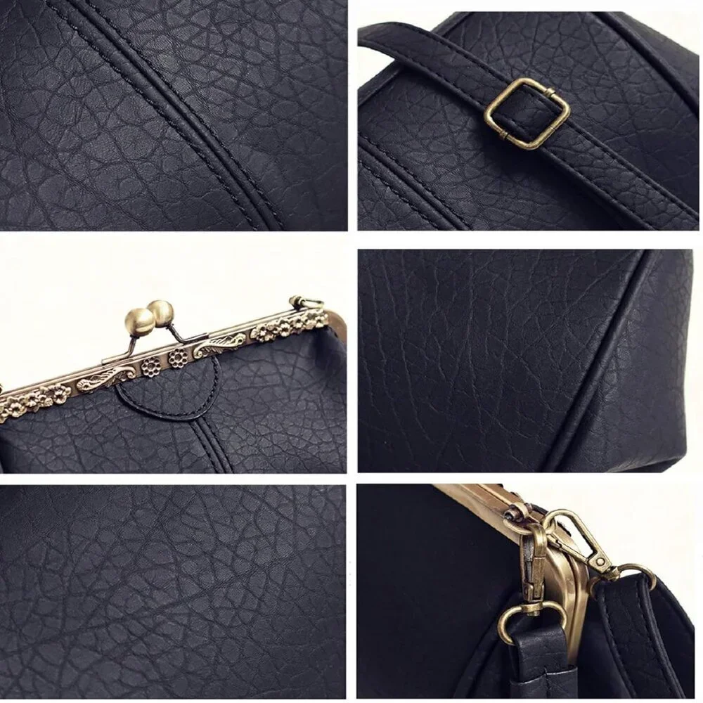 Women Vintage PU Handbag Classic Kiss Lock Mini Purse Crossbody Clutch